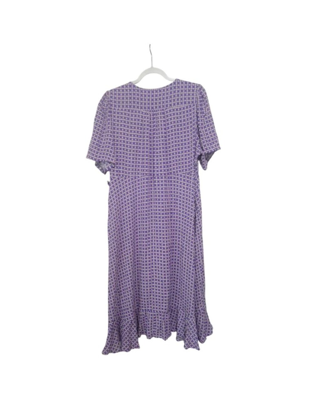 Per Una Purple Floral Midi Dress 20 Wrap Style Short Flutter Sleeve Ruffle Hem - Picture 8 of 15